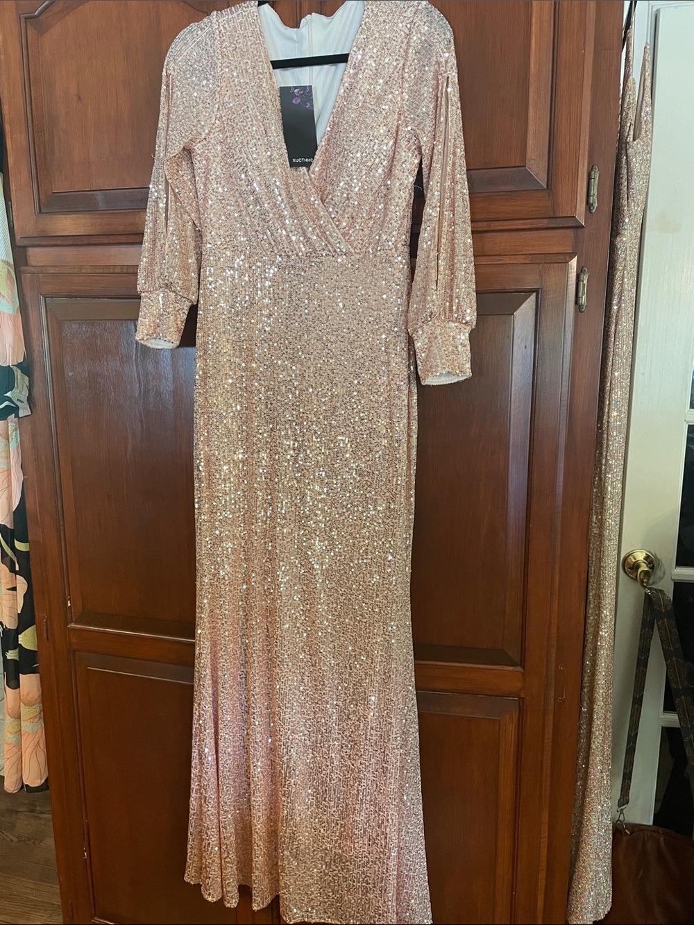 Sequin Wrap V-Neck Long Dress - Rose Gold